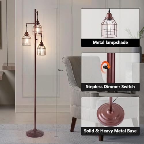 9MMML Floor Lamp for Living Room, Farmhouse Industrial Dimmable Floor lamp, 3 Lights Metal Cage Tree Standing Lamp,68", 3Pcs LED Bulbs Included