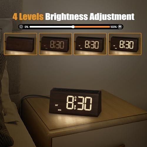 Cadmos Wooden Digital Alarm Clock for Bedroom,Electric Desk Clock with USB Port,Loud Alarm for Heavy Sleepers,Adjustable Volume & Dimmer,Snooze,DST,Wood Decor,Bedside & Desk Us(Brown - Amber Digits)