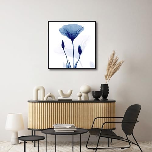 Pyradecor Framed Blue Xray Transparent Flower Canvas Wall Art, Minimalist Translucent Floral X-Ray Art Print, Modern Navy Blue Botanical Picture with Black Frame Ready to Hang for Bedroom Living Room Bathroom Home Decor