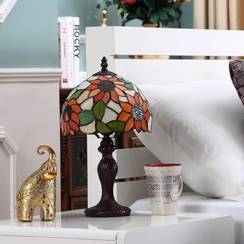 Tiffany Table Lamp,3 Color-Temperature Sunflower Stained Glass Lamp,8X8X15 Inch Small Accent Antique Nightstand Bedside Table Lamps for Bedroom Living Room Home Office Light +LED Bulb