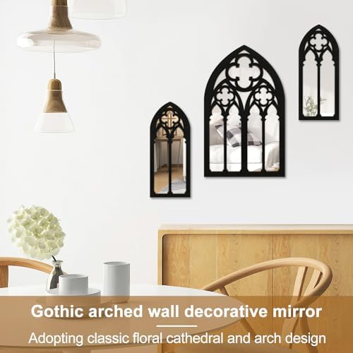 3Pcs Gothic Mirrors Wall Decor 11.8" Arched Decorative Mirrors Wall Mounted Goth Room Decor Vintage Cathedral Window Mirror Indoor Accent Wood Framed Entry Mirror for Living Room Bathroom