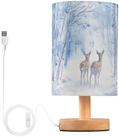Winter Snowy Forest Deer Blue White Bedside Table Lamps with USB Port for Bedroom Lamp Accent Table Lamp Small Nightstand Lamp Sturdy Linen Shade Wooden Decorative Lamps for Home|Kids|Holiday