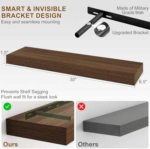 Fun Memories 30Inch Floating Shelves for Wall, 2 Pack Rustic Wood Shelves for Bathroom|Kitchen Wall Mounted Floating Shelf with Invisible Brackets for Books|Storage|Decor,Walnut