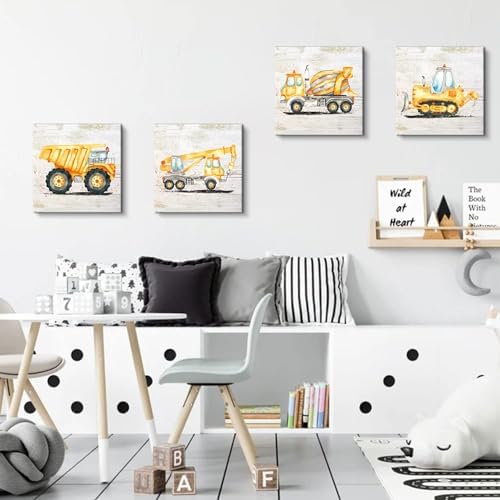 Construction Wall Decor for Boys Room Dump Truck Wall Art Tractor Excavator Canvas Pictures Car Poster Watercolor Vehicle Prints Paintings for Toddler Bedroom Nursery Home Decorations 18x18"4Pcs