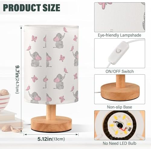 Cute Elephant Baby Play Nightstand Lamp with Wood Base Fabric Shade for Living Room Bedroom Kids Room Office