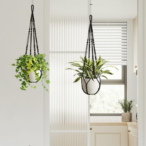 LEWESU Macrame Plant Hanger Indoor Set of 2 with 4 Hooks, Indoor Outdoor Hanging Planter for Plants Holder with Decorative Wood Beads & No Tassels, Boho Home Decor, 35 Inch Black (Pots Not Included)