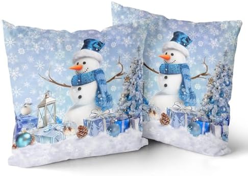Giwawa Winter Blue Snowman Pillow Covers Set of 2, Xmas Tree Bird Present Snowflakes Decorative Square Pillow Cases, 16"x16" Soft Cotton Throw Cushion Covers for Sofa Porch Living Room