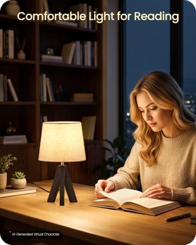 Small Table Lamp for Bedroom, 14.6" Bedside Lamp with Beige Linen Shade & Walnut Wood Tripod Base, Modern Nightstand Lamp for Living Room, Nursery, Entryway, E26 Socket, VE51TL05