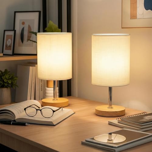 Small Table Lamp Set of 2, Bedside Lamp with 3000K Warm LED Bulb Included, Nightstand Lamp for Living Room Office Dorm Kids Room, Easy Assemble Minimalist Cream Shade & Wood Base(5W)