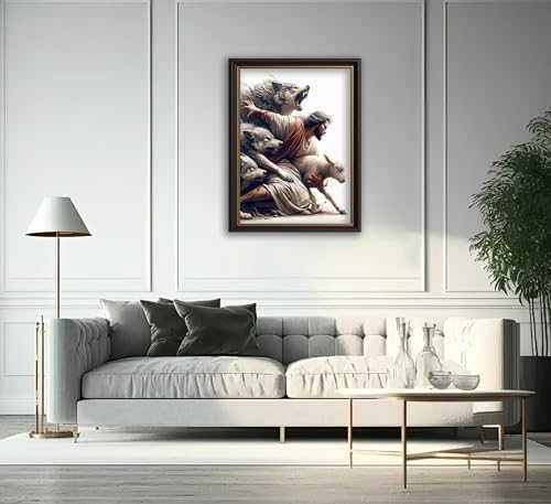 Vintage Black Gold Framed Jesus and Lamb Canvas Wall Art Jesus Saves the Lost Sheep Christian Picture Wall Decor Shepherd Protect a Lamb from Wolves Painting Poster Print Artwork for Bedroom Church