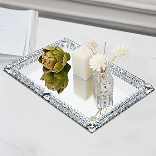 Mirror Perfume Tray for Dresser,Silver Crushed Diamond Filled