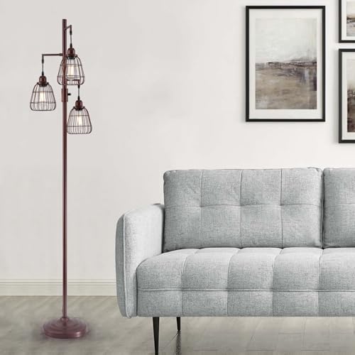9MMML Dimmable Floor Lamp,Industrial Farmhouse Tall Standing Floor Lamp for Living Room, Bedroom Office,3 Teardrop Cage Lampshade,3 LED Bulbs Inculded. 68'' Tall