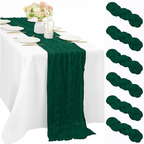 6 Pcs Emerald Green 10FT Cheesecloth Table Runner Gauze Fabric Runner for Tables Boho Table Runner Decoration Rustic Sheer Runner for Wedding Birthday Baby Bridal Shower Party (35 x 120 Inches Long)