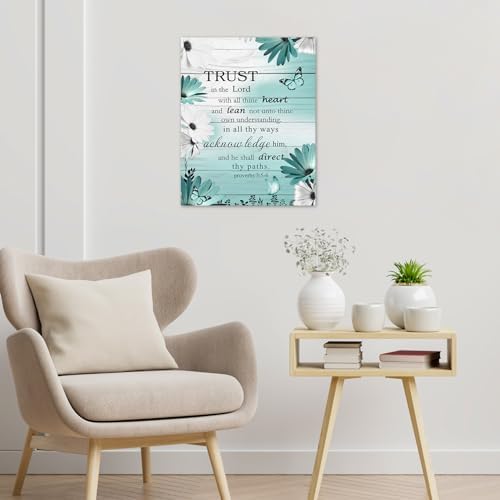 LB Farmhouse Teal Blue Floral Wall Art for Bathroom Bible Verse Canvas Wall Art Wall Paintings Home Decor Daisy Flower Butterfly Wall Pictures for Living Room Bedroom Office Ready To Hang,12x16 Inch