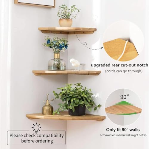 Corner Shelves, Floating Corner Shelf, Set of 3 Solid Oak Wood Corner Wall Shelves, Round End with Wire Hole Shelving for Small Plant for Bedroom Kitchen, Living Room (Size 9/10/12in)