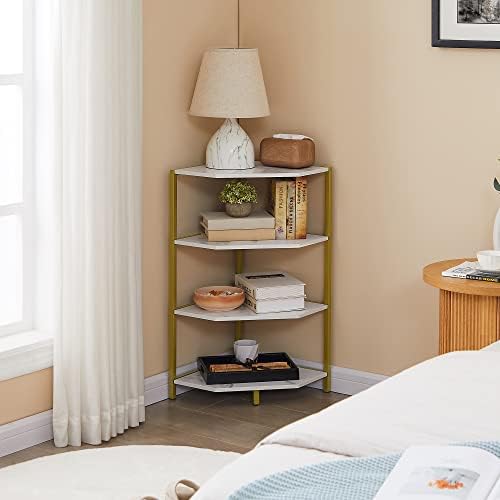 VECELO 31 Inch Corner Shelf, 4-Tier Display Shelves, Wood Storage Stand with Metal Frame, Multipurpose Shelving Unit for Small Space, Home Office,Brushed Gold