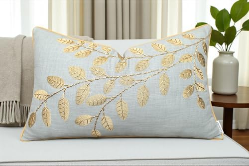 Rudransha Hand Embroidered Cotton Lumbar Pillow Cover - 12x20 Robin’s Egg Botanical Leaf Accent - Hazel Leaves