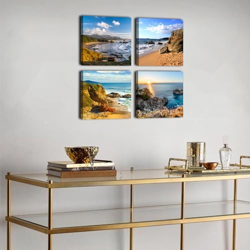Oregon Coast Wall Art Coastal Beach Scenery Pictures for Bathroom Decor Ocean Sunset Landscape Paintings Canvas Prints Living Room Nature Seascape Artwork Bedroom Office Home Decorations 12x12" 4 Pcs
