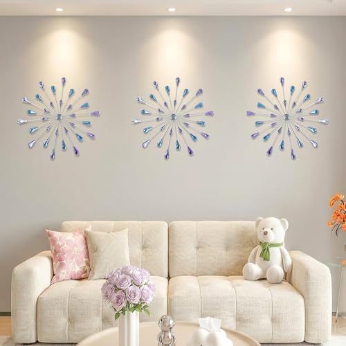 ZEXUIRU 3 Set Silver Starburst Wall Art for Home Decor Metal Bling Crystal Rhinestones Sunburst Wall Decor Sparkling Rhinestone Art Accent Silver - 13in