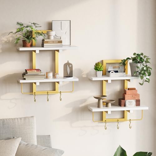 Creso hom Wood Floating Shelf with 6 Hooks, 15" Bathroom Shelves Set of 2