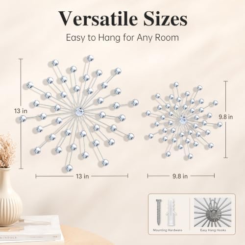 ZEXUIRU 4 Set Silver Starburst Wall Art for Home Decor Metal Bling Crystal Rhinestones Sunburst Wall Decor Sparkling Rhinestone Art Accent Silver - 13 in