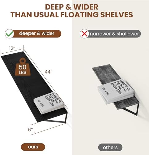 Heimlove 44W x 12D Deep Floating Shelves Set of 2 Black