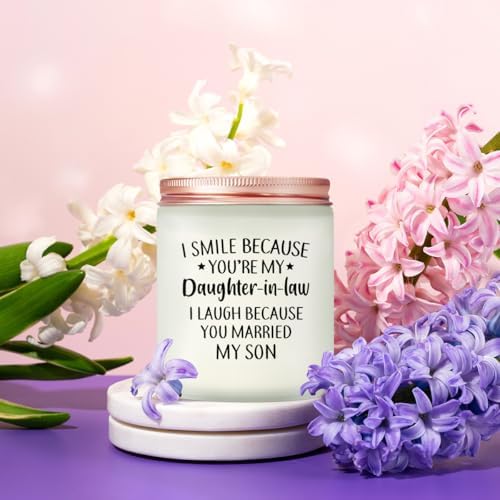Maybeone Mothers Day Gifts for Daughter in Law - Daughter in Law Gifts for Christmas Birthday Wedding from Mother in Law - I Smile Because You are My Daughter-in-Law - Lavender Scented Candle