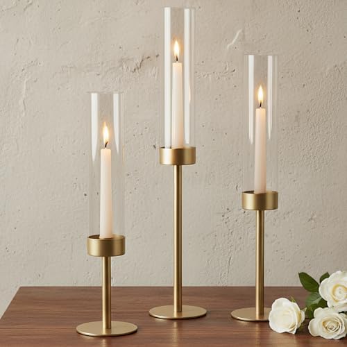 Ronasip Hurricane Candle Holders Set of 3, Matte Gold Metal Taper Candlestick Holders with Clear Glass Chimney Cylinder Tubes, Tall Candle Stands for Wedding, Christmas, Dining Table Centerpiece Decor