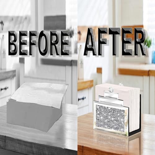 Wocred Mirror Napkin Holder,Crystal Crushed Diamond Vertical Holder,Cute Tissue Holder Holds Napkins Upright for Bathroom，Dining Table，Kitchen Table.(6.8”X5.9”X3”)
