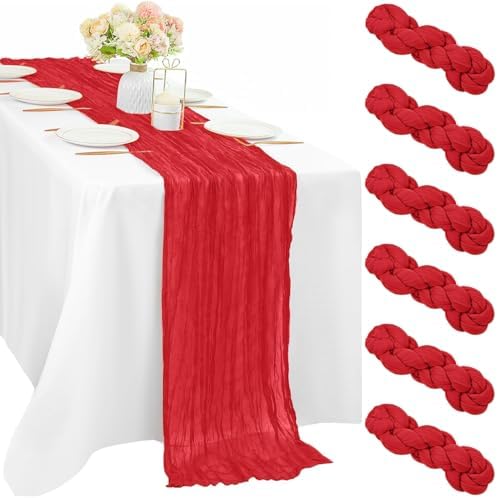 Red 6 Pieces 35 x 120 Inches Long Cheesecloth Table Runner Gauze Fabric 10Ft Boho Table Runner Rustic Sheer Runner for Wedding Baby Bridal Shower Birthday Holiday Party Table Arbor Decor (Red)