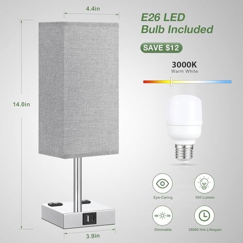 Light Grey Touch Lamps Set for Bedroom - Dimmable, USB C+A, 2 AC Outlets