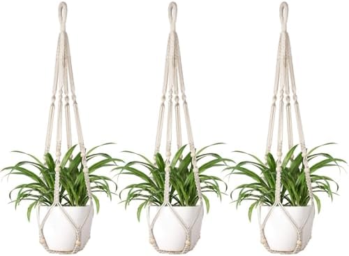 Mkono Macrame Plant Hanger Indoor 35 Inch Hanging Planter Basket Ivory 3Pcs