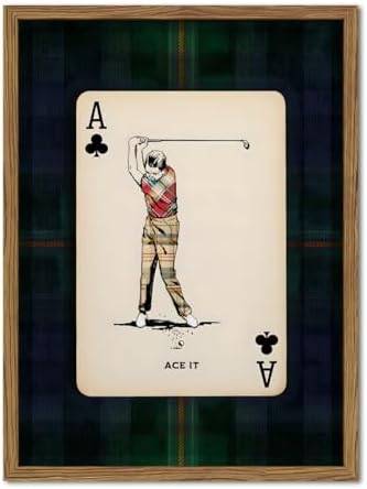 Vintage Golf Wall Art, Playing Card Golfer Sports Wall Decor Paintings Retro Navy Plaid Canvas Prints Picture for Bedroom Living Room Man Cave Country Club 16x24 inch Wood Framed