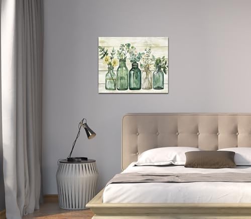 Yaoliyu Rustic Bathroom Decor Eucalyptus Flower Canvas Wall Art Green Botanical Prints Plant Floral Glass Vase Painting Bathroom Picture Wall Decor Farmhouse Artwork 16x20inch