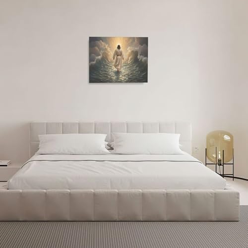 Jesus Walking on Water Wall Art Jesus Christian Spiritual Wall Decor Pictures Bible Story Canvas Prints Painting God Faith Artwork Decoration for Bathroom Bedroom Living Room Framed Gifts 16"x20"