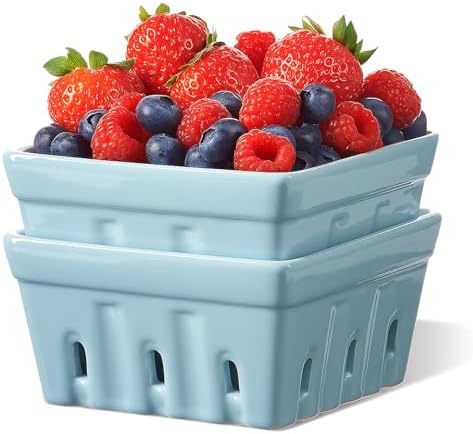 ONEMORE Berry Basket Ceramic Berry Bowls with Holes Square Fruit Bowl Berry Colander Containers for Fridge - 5.8" Fruit Basket for Kitchen Décor, Set of 2, Blue