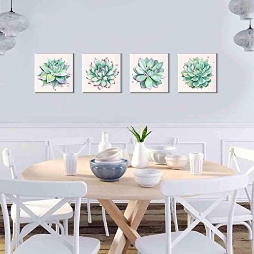 Succulent Wall Decor for Bathroom Mint Green Cactus Wall Art for Living Room Kitchen Accessories Nature Plant Wall Decor Tropical Botanical Leaf Canvas Pictures Bedroom Home Decorations 12x12" 4 Pcs