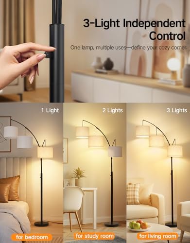OUTON Arc Led Floor Lamp, Modern 3 Light Arched Tall Floor Lamps for Living Room, Mid Century Adjustable Standing Corner Lamps for Bedroom Office, 3 LED Bulbs Included, Beige Lampshade