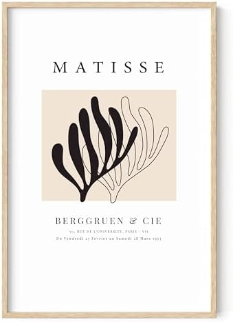 HAUS AND HUES Henri Matisse Prints and Posters - Matisse Paper Cutouts Art Exhibition Poster Minimalist Matisse Posters Abstract Prints Matisse Black and White Leaf Matisse (Framed Beige 24x36)