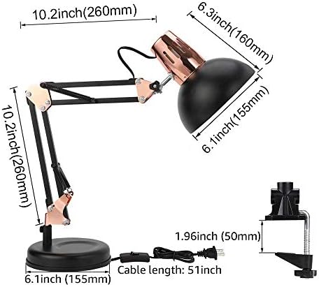 PowerKing Metal Swing Arm Desk Lamps with Base & Clamp, Black Rose Gold
