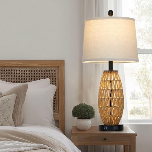 CINSARY 27" Rattan Table Lamps Set of 2, Boho Bedside Lamp for Bedroom with Night Light, Coastal Woven Wicker Nightstand Lamps with USB A+C Charging Port, Tall Farmhouse Living Room Lamp