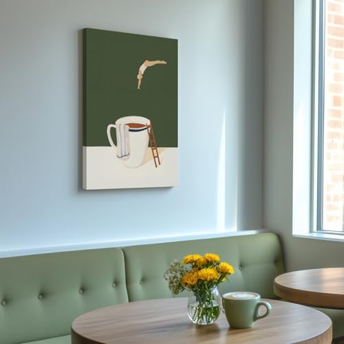 Cyebmo Modern Coffee Wall Art, Funny Diver Wall Decor, Vintage Kitchen Wall Decor, Minimalist Cafe Wrapped Canvas Painting, Green Abstract Espresso Artwork for Kitchen Cafe Coffee Bar 12x16 Inch
