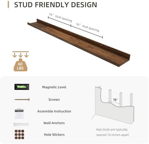 Acovy Picture Ledge Shelf, Wood, 48 inch, Set of 2, Walnut
