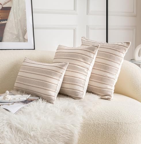 Cethom Decorative Boho Throw Pillow Covers, Farmhouse Textured Pillow Case, 20 x 20 Inch Set of 2, Chair Sofa Bedroom Living Room Home Decor Couch Cushion Case, Taupe and Beige Striped