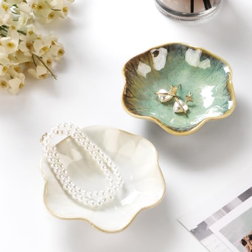 JAMEND CLXP 2PCS Ring Holder Dish, Small Key Bowl, Ceramic Trinket Tray Jewelry Dish Organizing Necklace Earrings for Mom Friend Sister, All Jewelries Are NOT Included. Crystal Green.