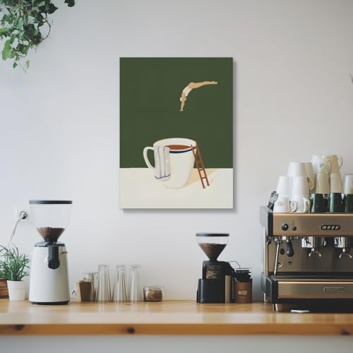 Cyebmo Modern Coffee Wall Art, Funny Diver Wall Decor, Vintage Kitchen Wall Decor, Minimalist Cafe Wrapped Canvas Painting, Green Abstract Espresso Artwork for Kitchen Cafe Coffee Bar 12x16 Inch