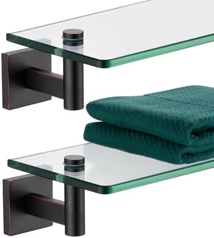 KOKOSIRI Wall Shelves Bathroom Hardware Tempered Glass Floating Shelf Hanging Rack Storage/Room Decor 20-Inch Oil Rubbed Bronze 2 Pack B1105ORB-L20-P2
