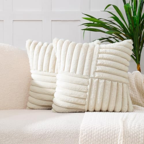 All Smiles Beige Faux Fur Decorative Throw Pillow Covers 18x18 Set of 2