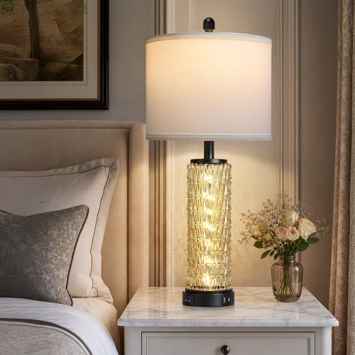 28" Crystal Table Lamp Set of 2, Bedside Lamp with LED Night Light & USB A+C Charging Ports, Glass Lamps for Bedroom Living Room Nightstand Office, 2 Bulbs Included