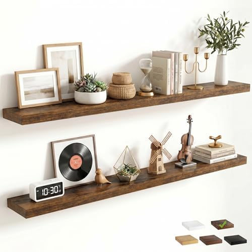 FLYJOE 55 Inch Floating Shelves for Wall Set of 2, 6.5" D Wood Grain Bathroom Shelves with Invisible Brackets, Easy Install Engineered Wood Storage Shelves for Kitchen, Living Room, Bedroom